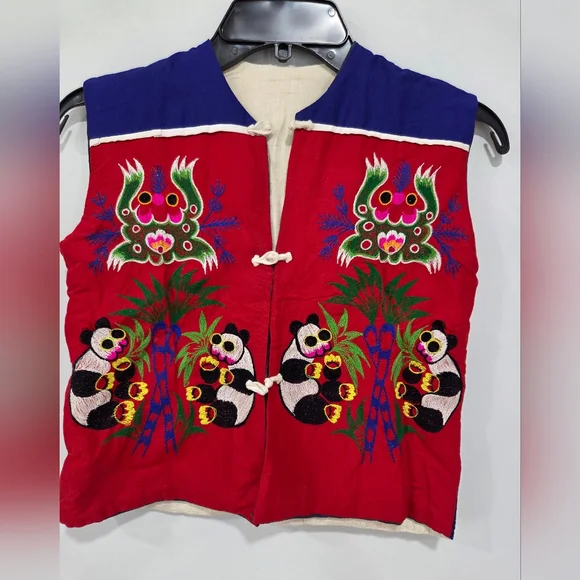 Vintage 80's Chinese Folk Art Vests Patchwork Embroidered Animals Handmade Kids - Picture 2 of 7